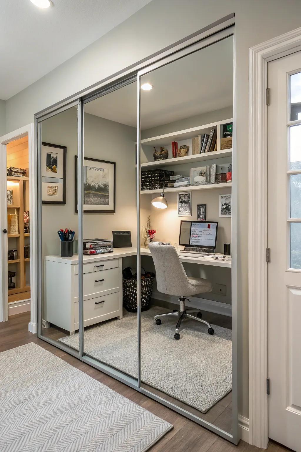 Use mirrored closets to enhance natural light in home offices.