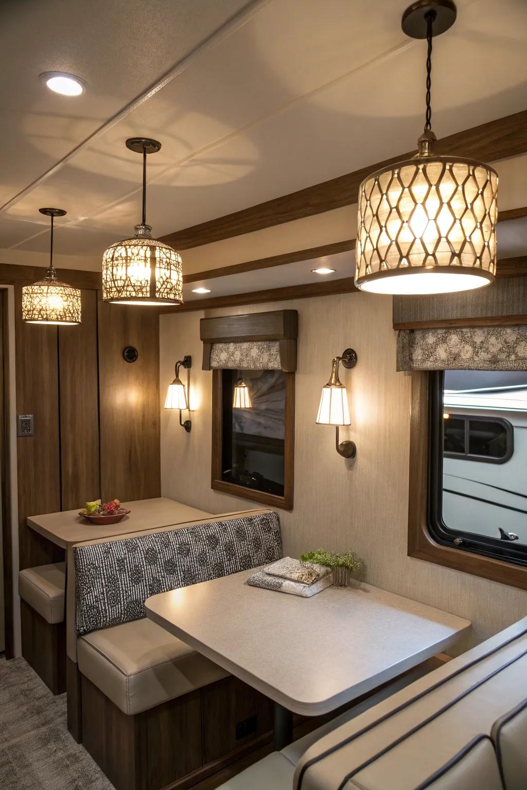 Stylish lighting fixtures can enhance the ambiance of your mobile home.