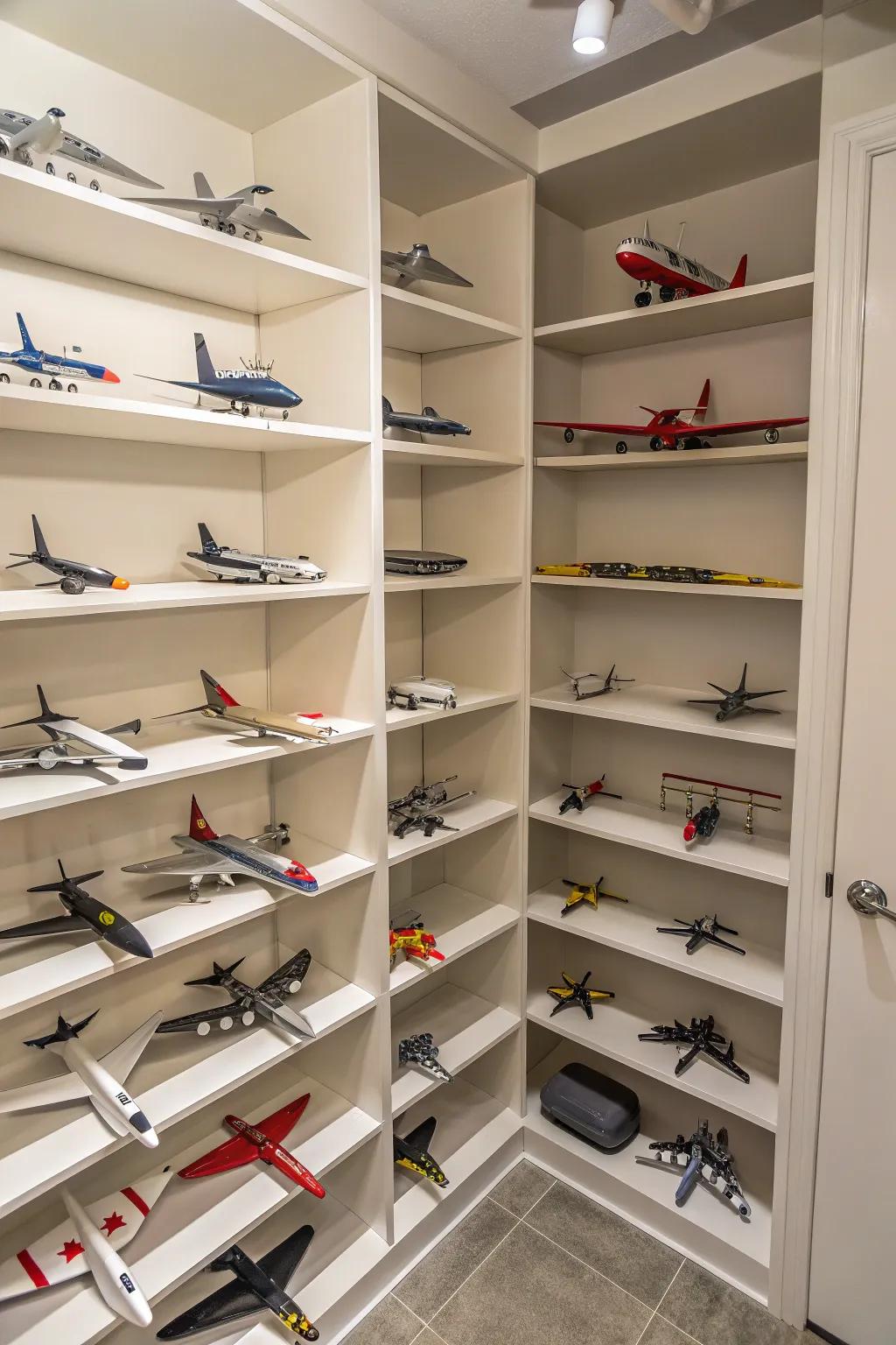 Corner shelving units are a clever way to showcase model airplanes.
