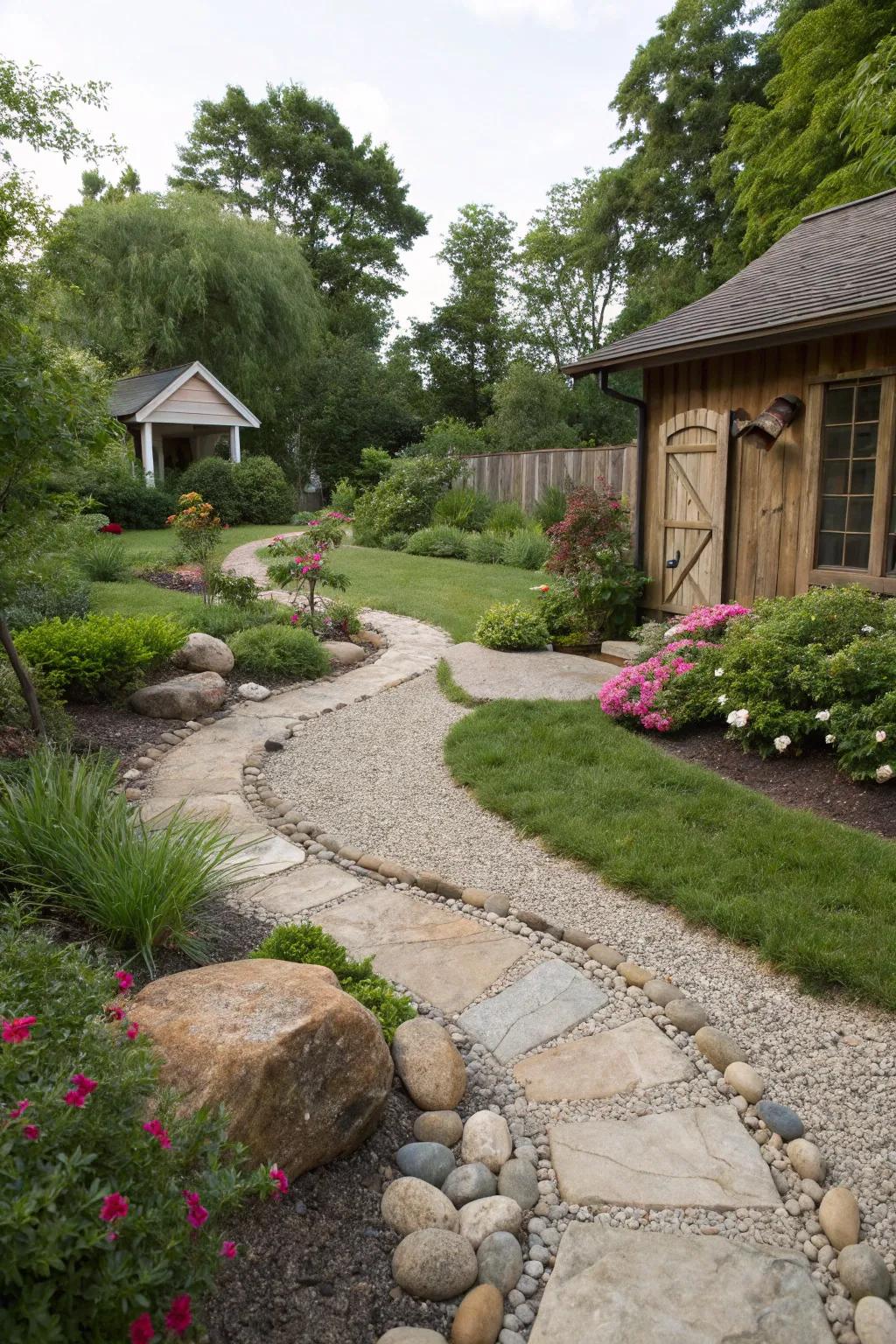 A chic backyard with gravel pathways and stones.