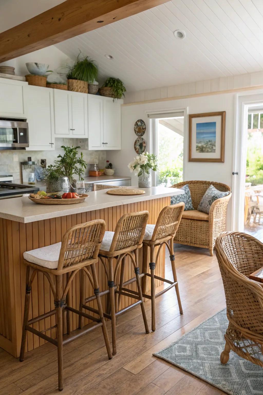 Wicker furniture adds a touch of casual elegance to this kitchen.