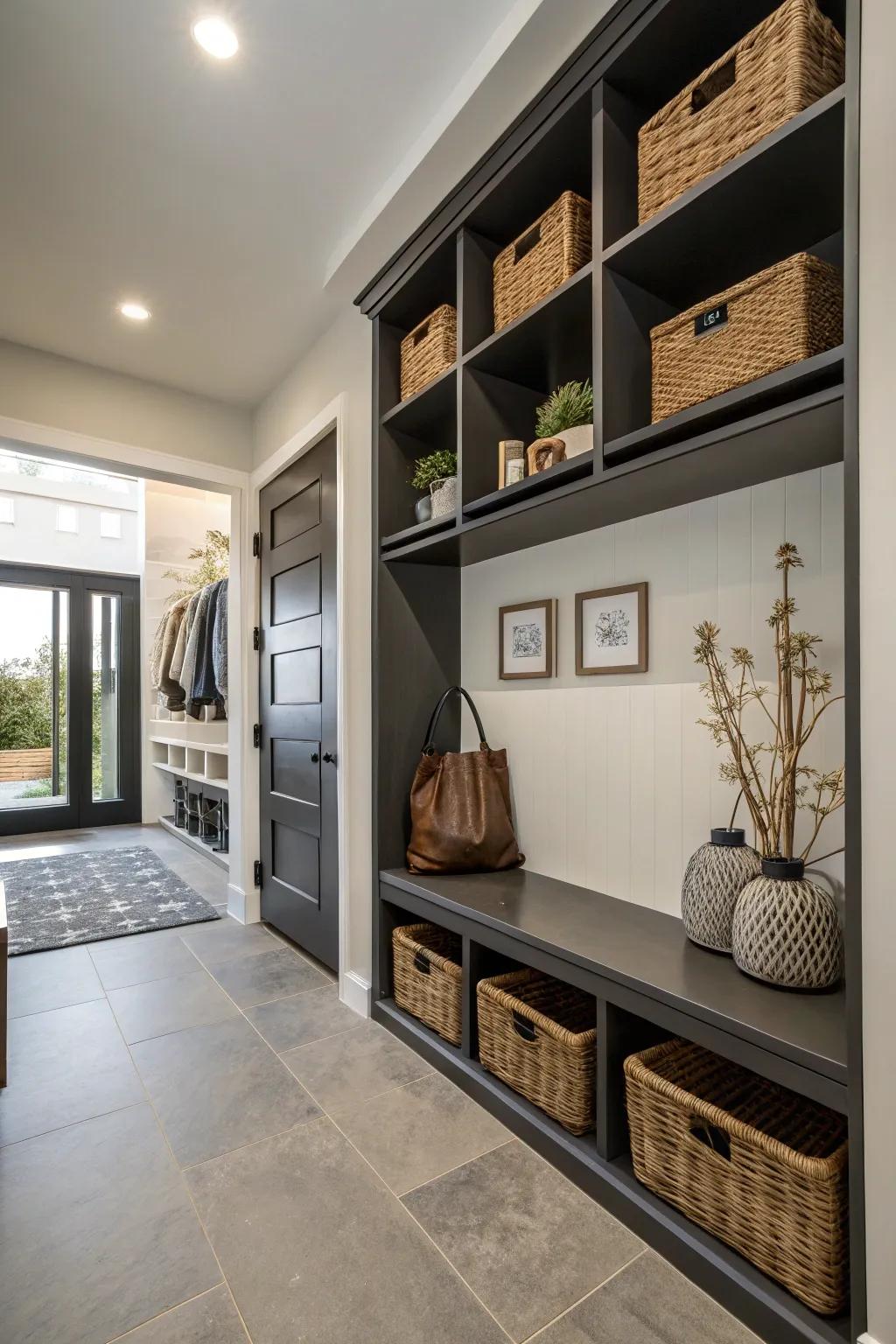 Smart storage solutions keep a modern entryway organized.