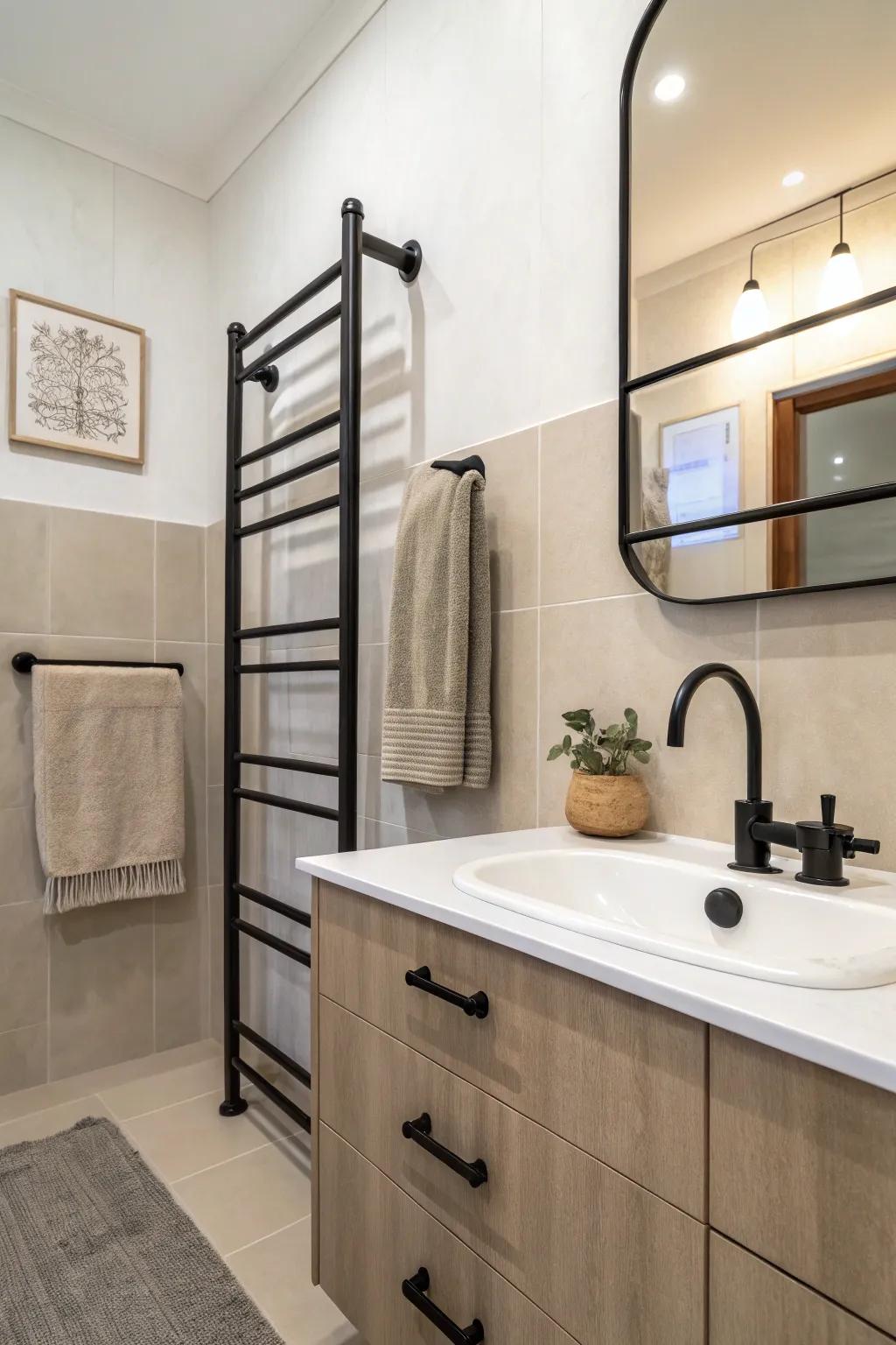 Matte black fixtures provide a modern contrast in this bathroom.