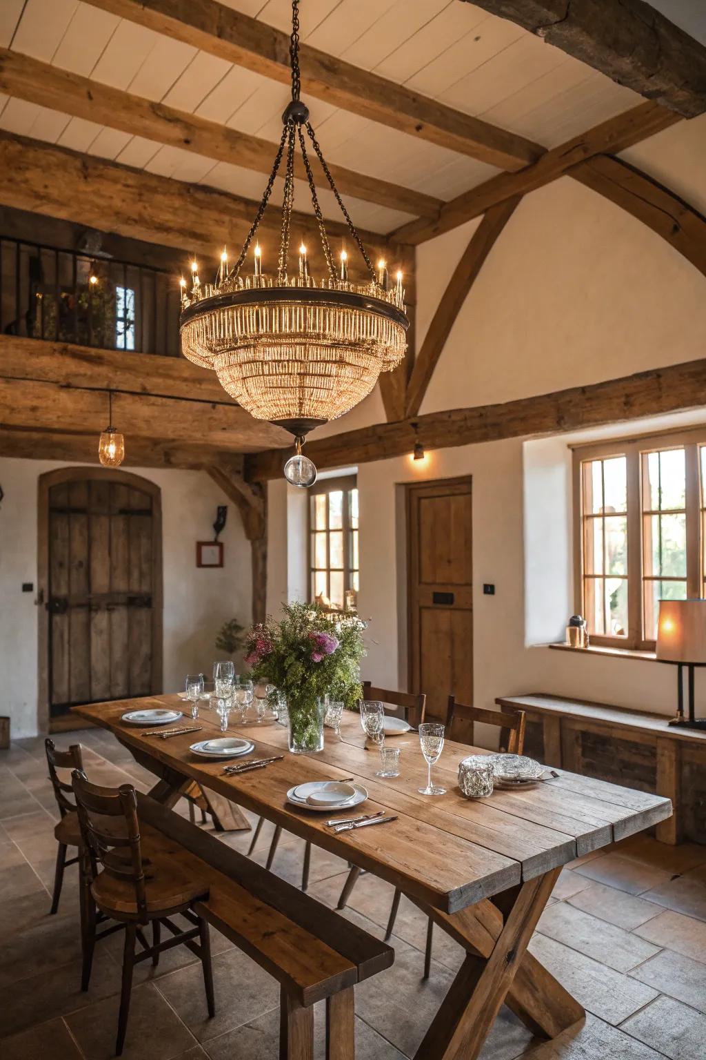 Farmhouse chandeliers make a bold statement in dining rooms.