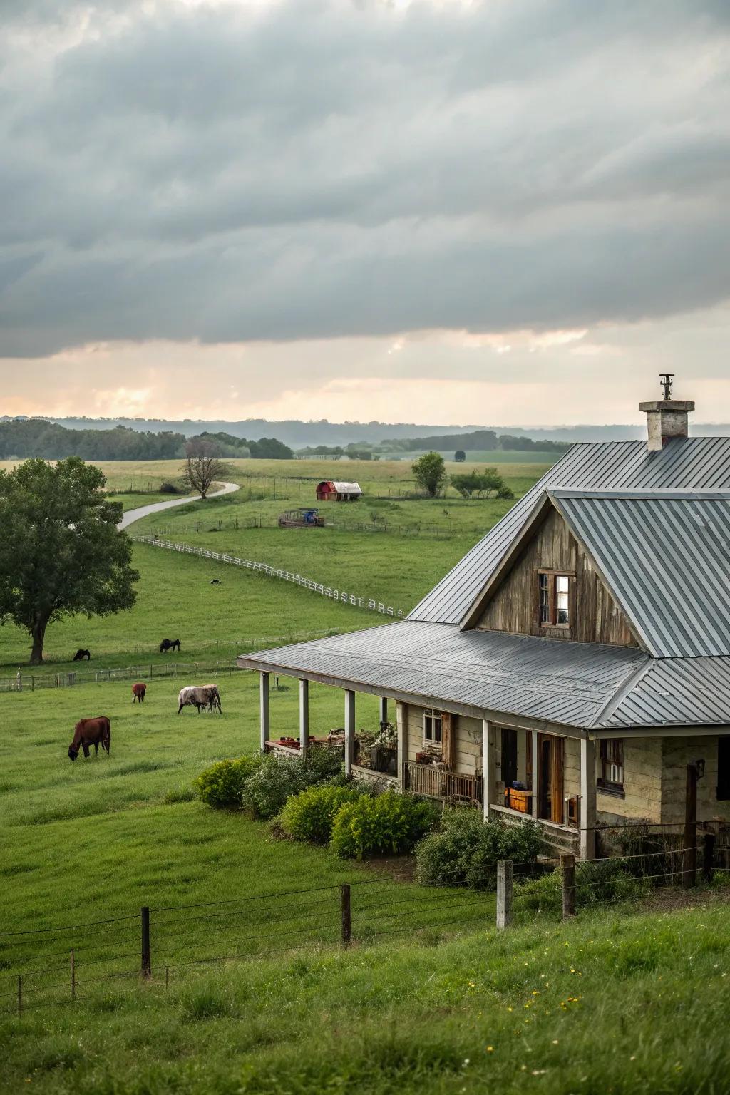 Rustic warmth: A farmhouse with a classic corrugated metal roof.