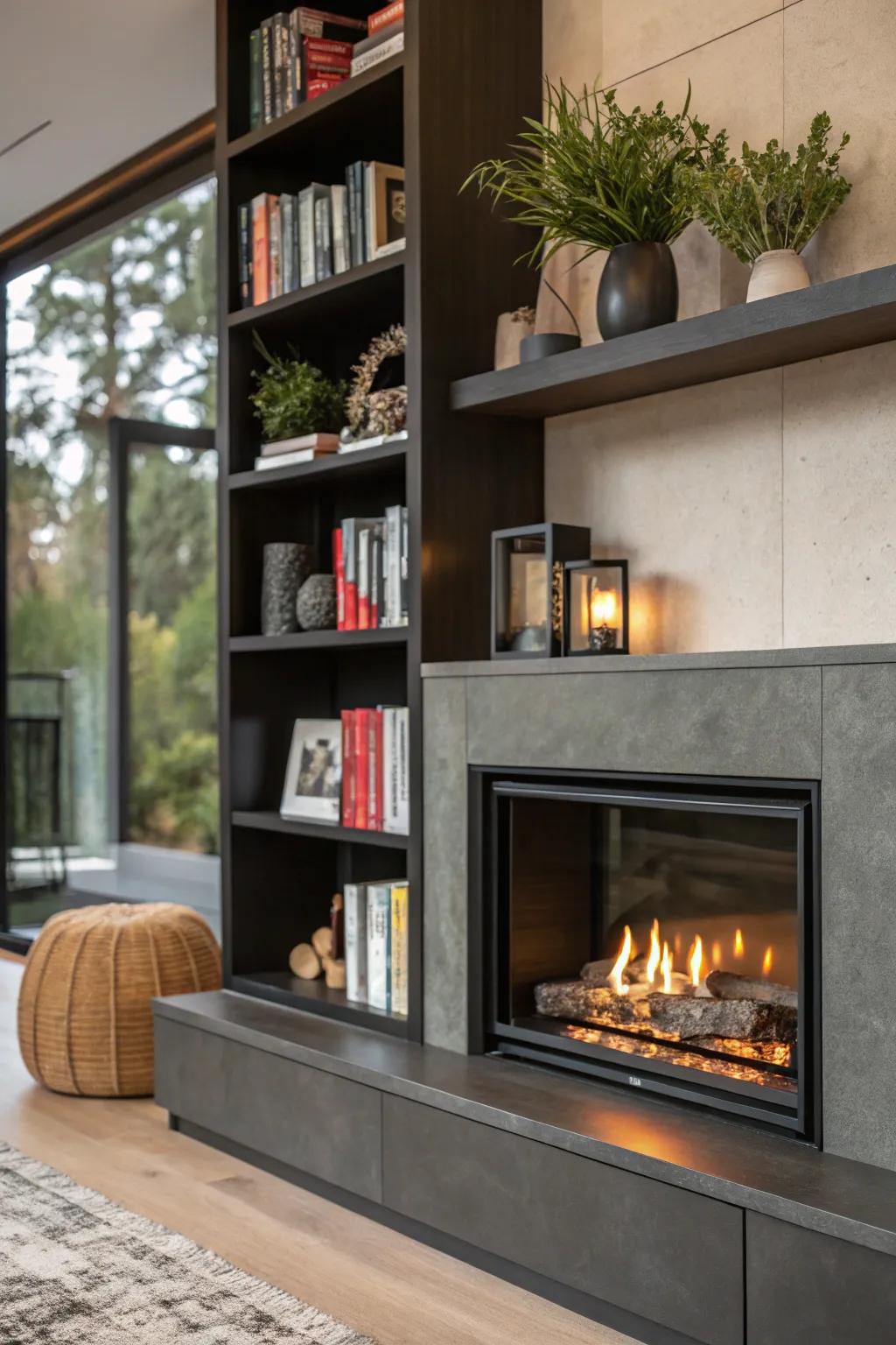 Modern fireplace with integrated shelving.