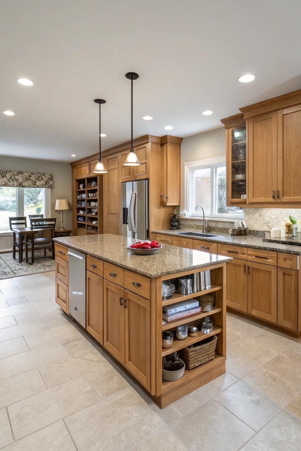 A kitchen island adds functionality and style to modern kitchens with oak cabinets.