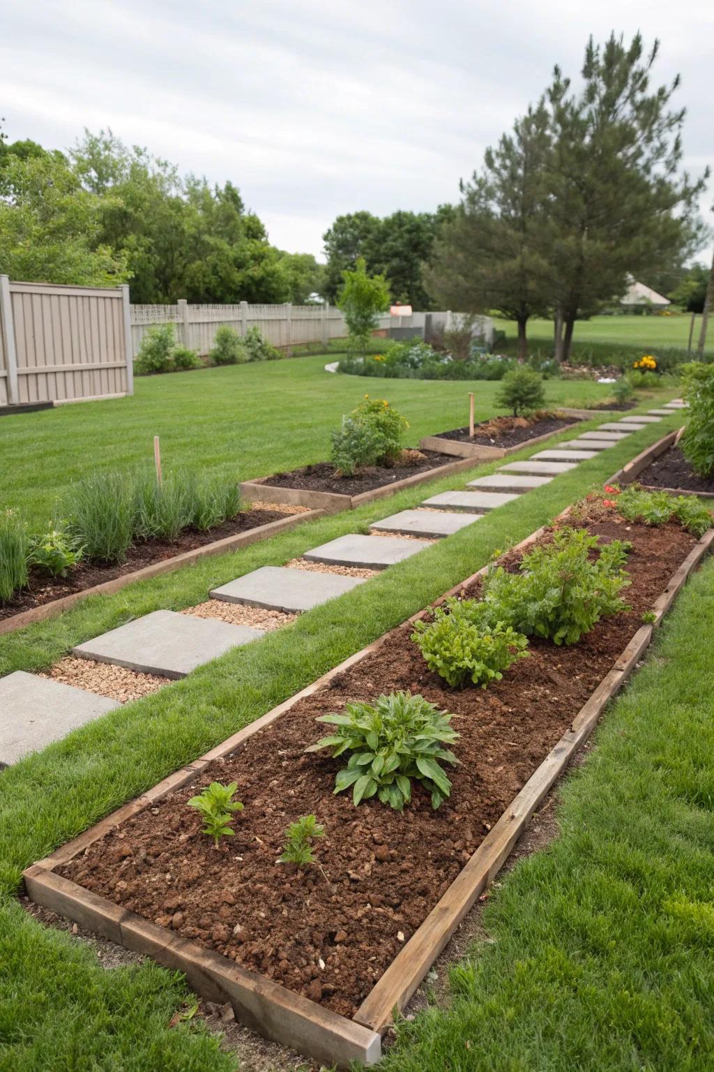 Mulch-covered plant beds in a front yard for moisture retention and weed control.