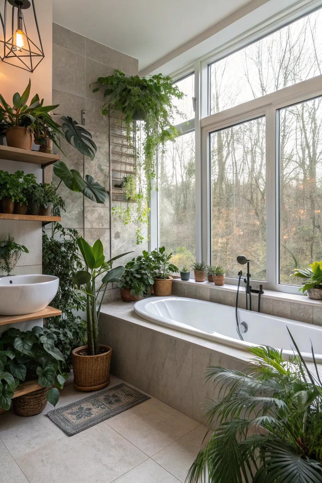 Indoor plants bring freshness and a natural element to this bathroom.