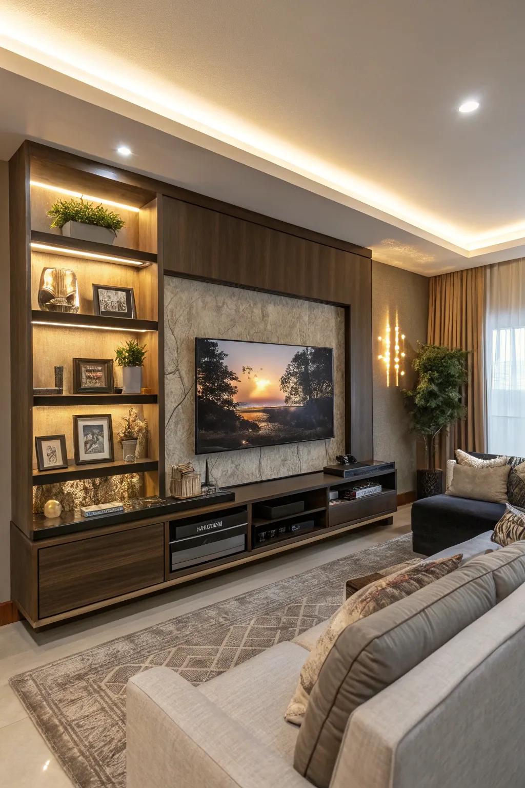 A framed TV adds an artistic flair to a media wall.