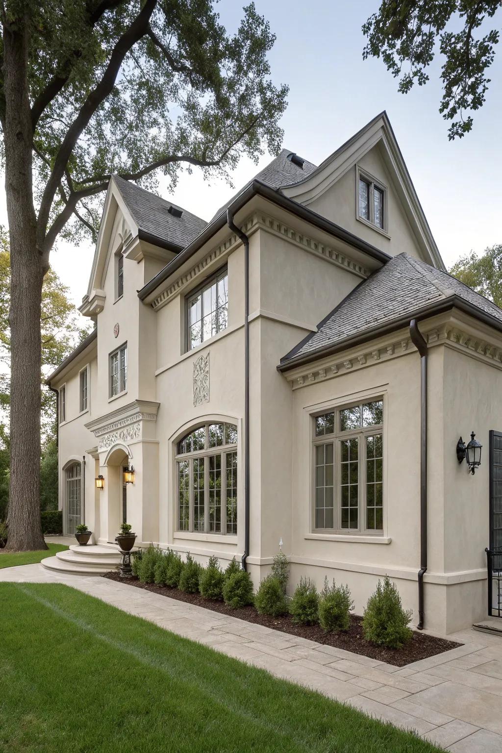 Greige stucco home with harmonious design elements.