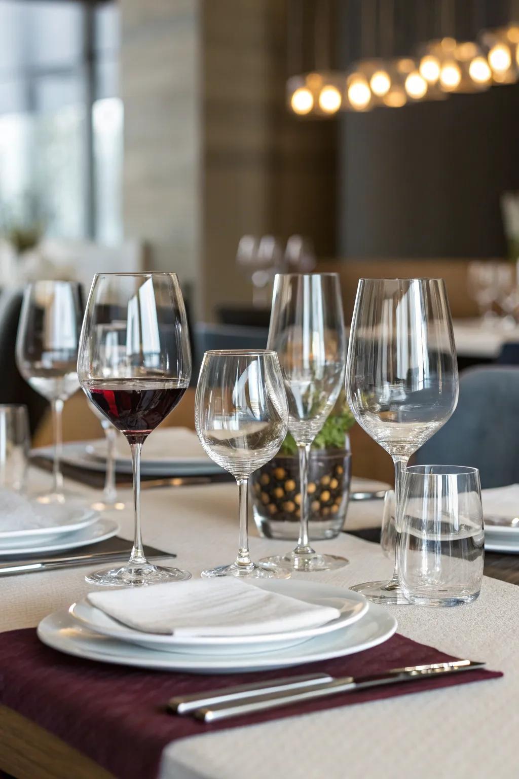 Diverse glassware enhances the dining experience.