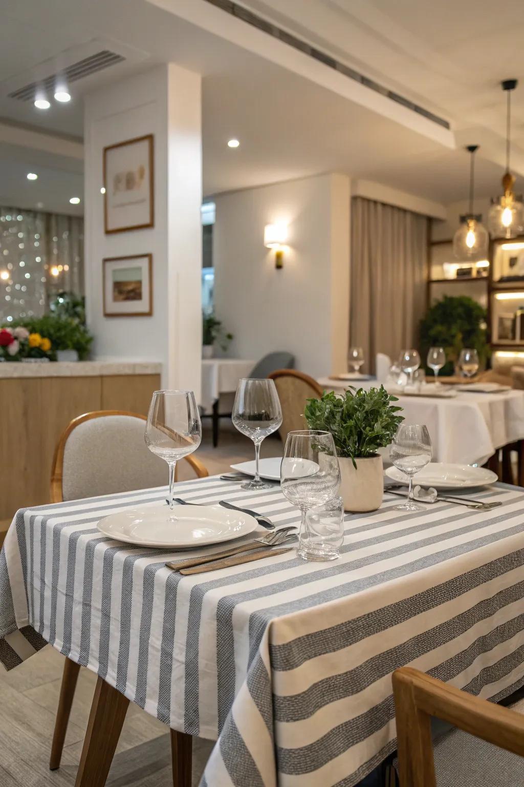 Striped tablecloths add sophistication to any dining room.