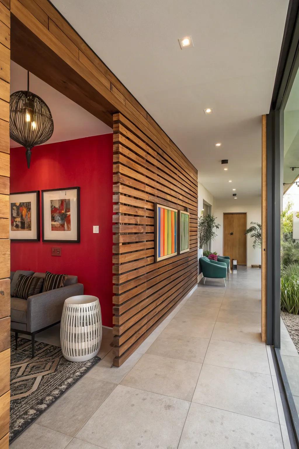 Make a bold statement with vibrant color contrasts on your wood slat wall.