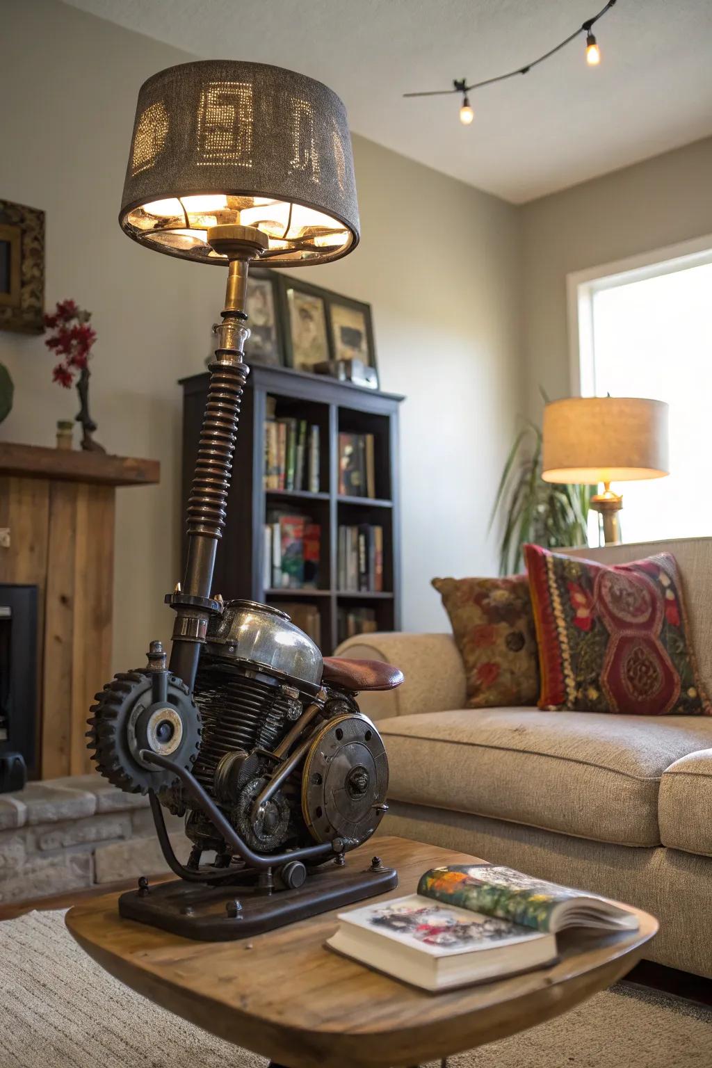 Repurposed motorcycle parts as creative decor.