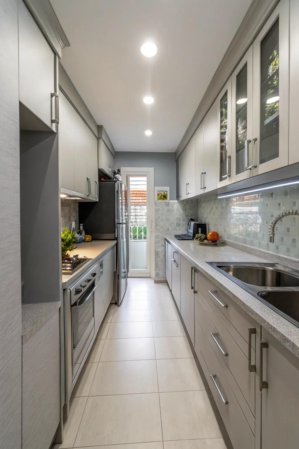 Galley layouts streamline movement in narrow kitchens.