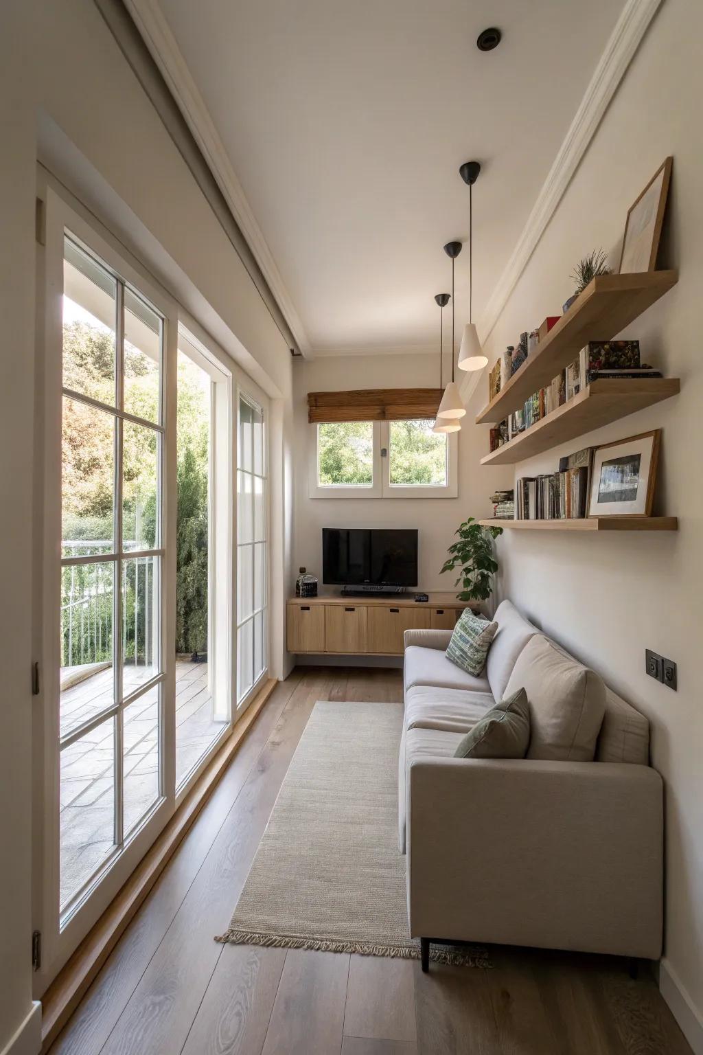 Floating furniture arrangement enhancing flow in a narrow living room.