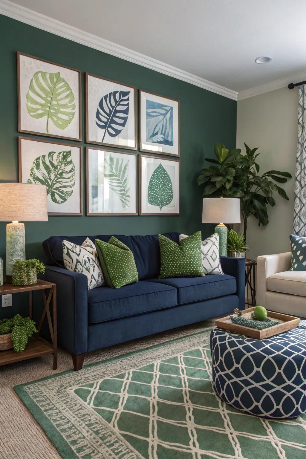 Art pieces complement the navy and green theme effectively.