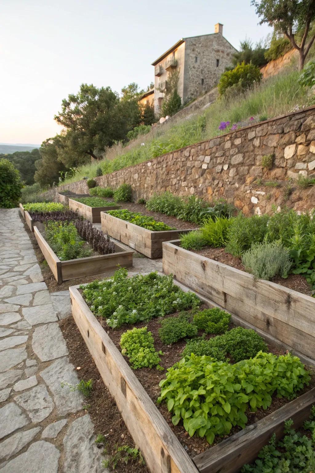 A practical and beautiful garden with raised beds on a slope.