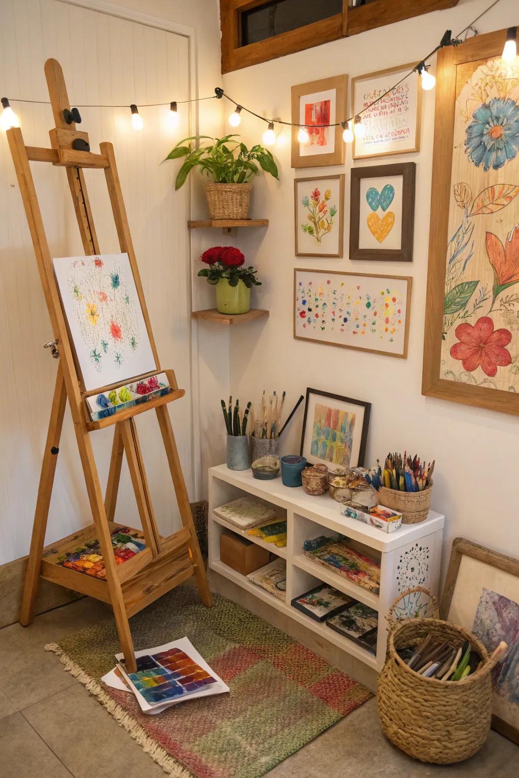 Express your creativity with an artistic nook filled with inspiring tools and vibrant art.