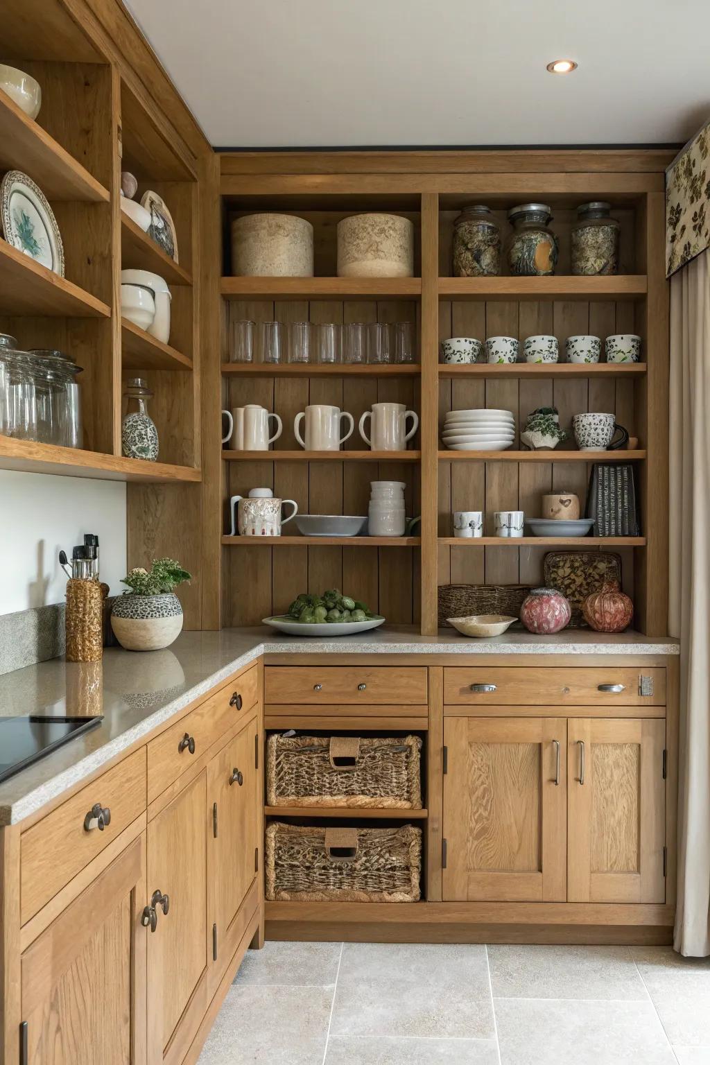 Open shelving adds a personal and airy touch to oak kitchens.