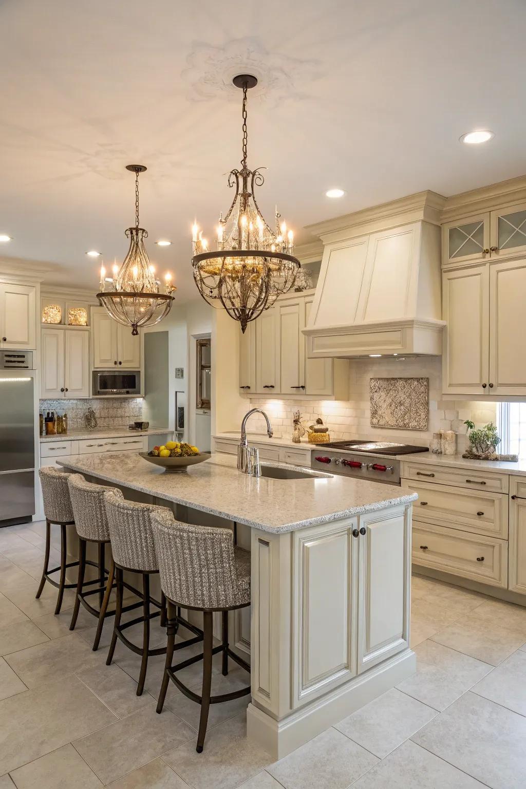 Lighting fixtures add personality to kitchen spaces.