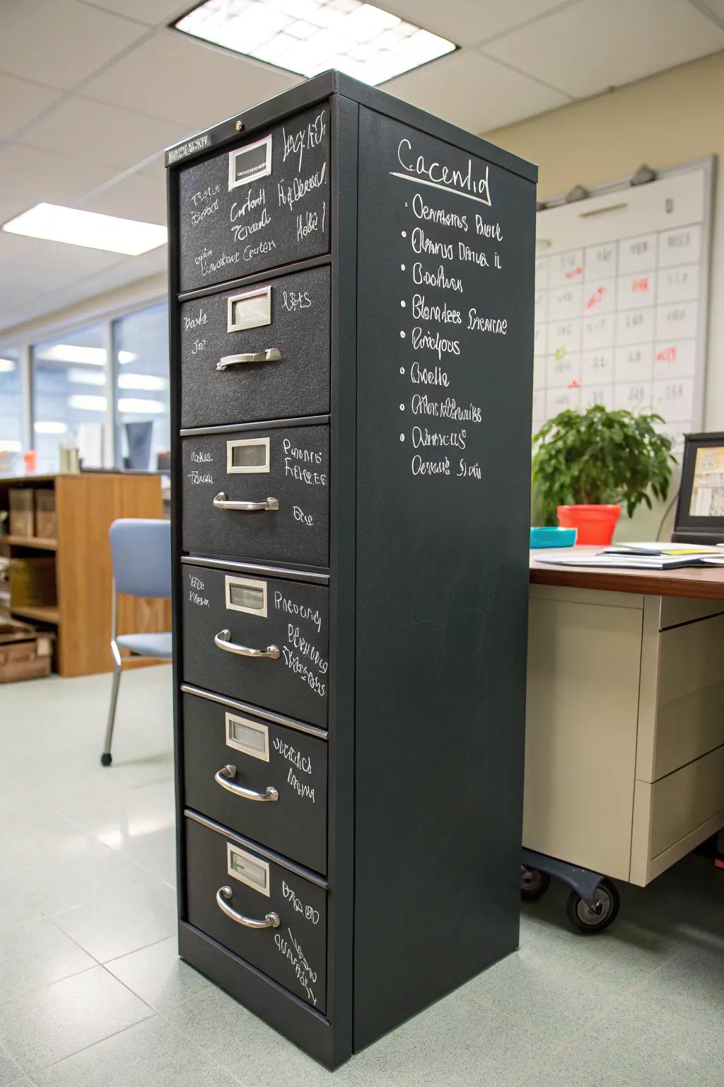 Chalkboard file cabinets make organization fun.