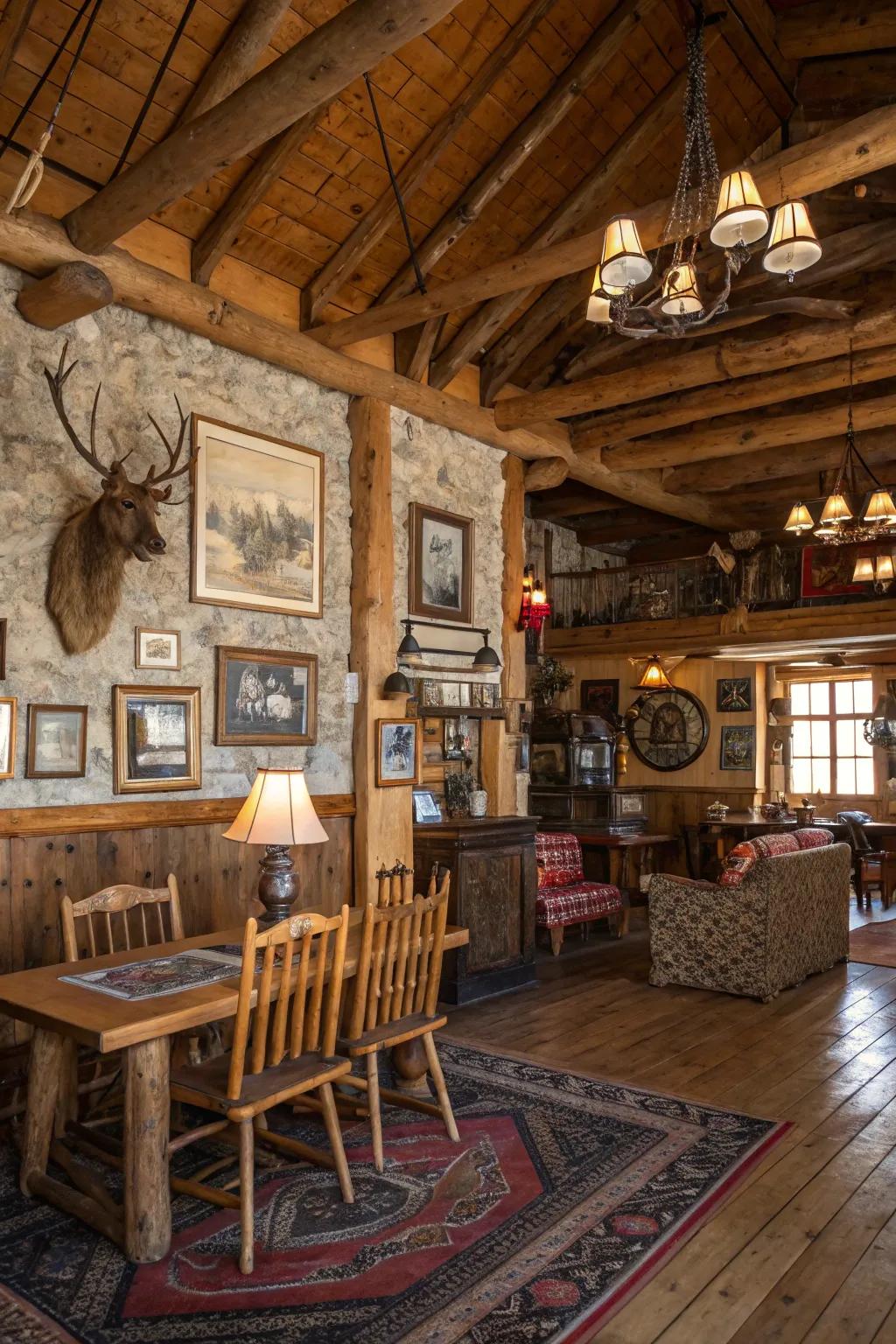 Rustic lodge interior featuring charming antique and vintage decor pieces.