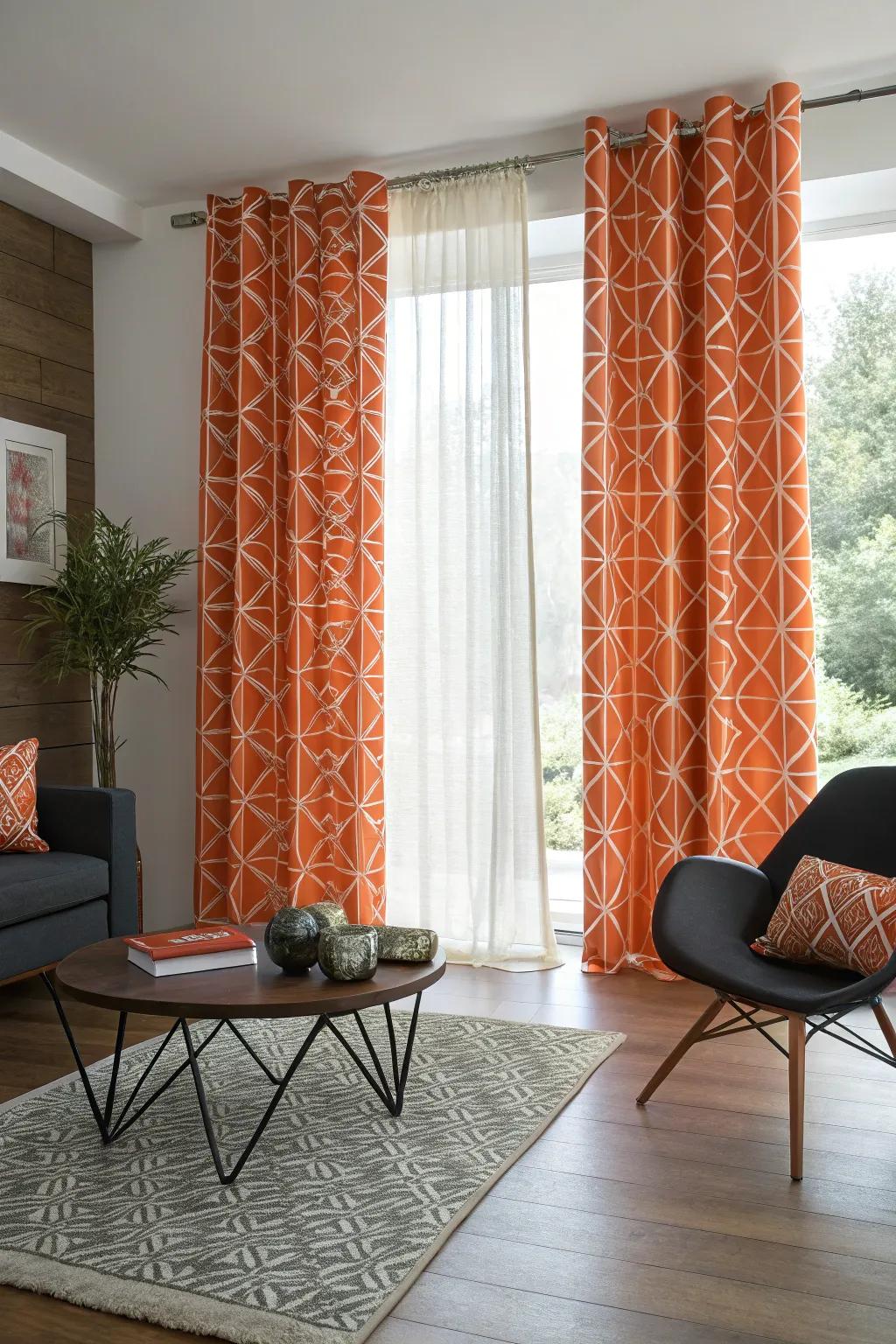 Geometric orange curtains adding a modern flair.