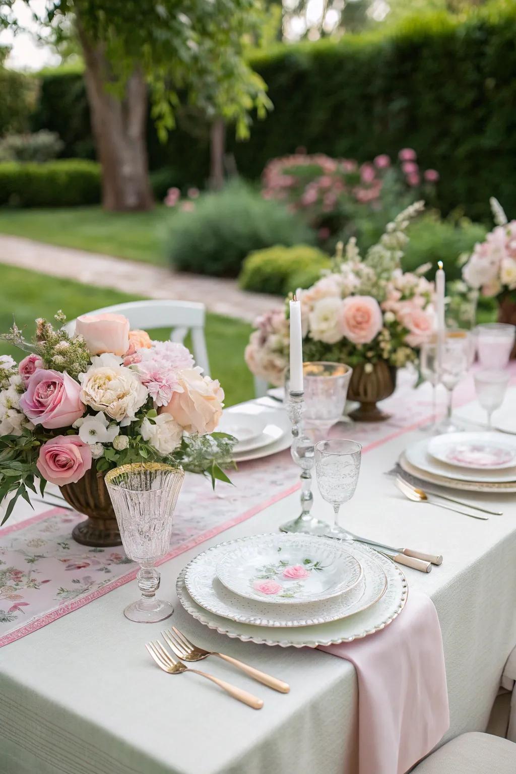 Elegant tableware and soft pastels create a sophisticated setting.