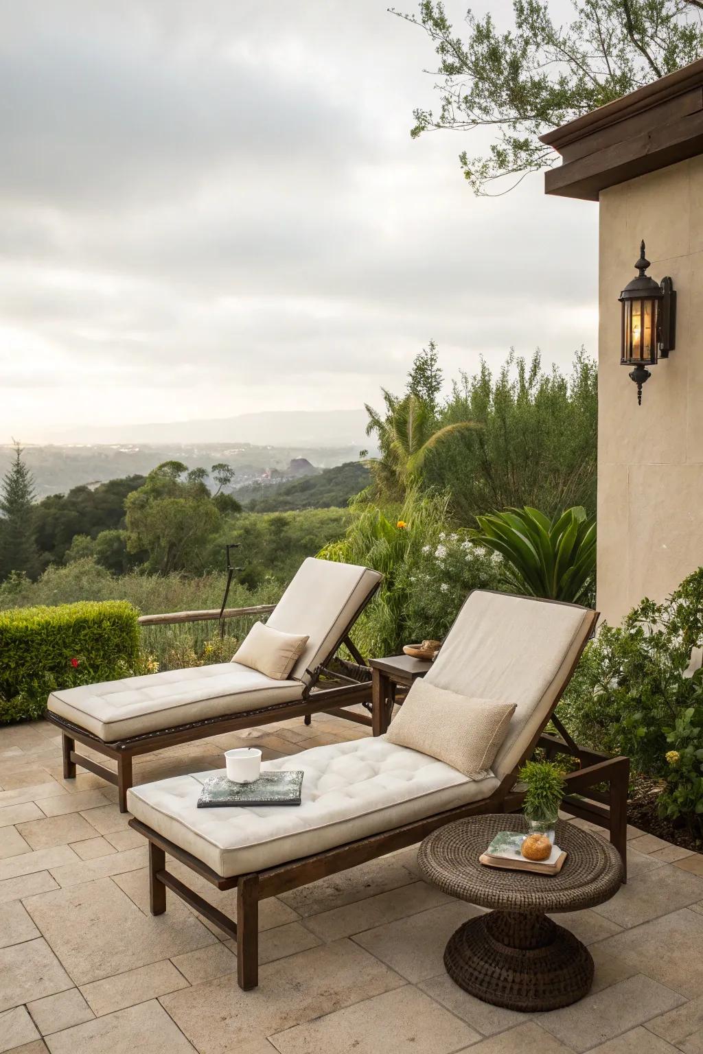 Chaise lounges provide a luxurious spot for relaxation.