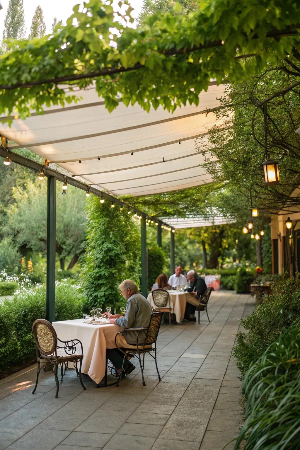 Enjoy al fresco dining with beautifully arranged tables.