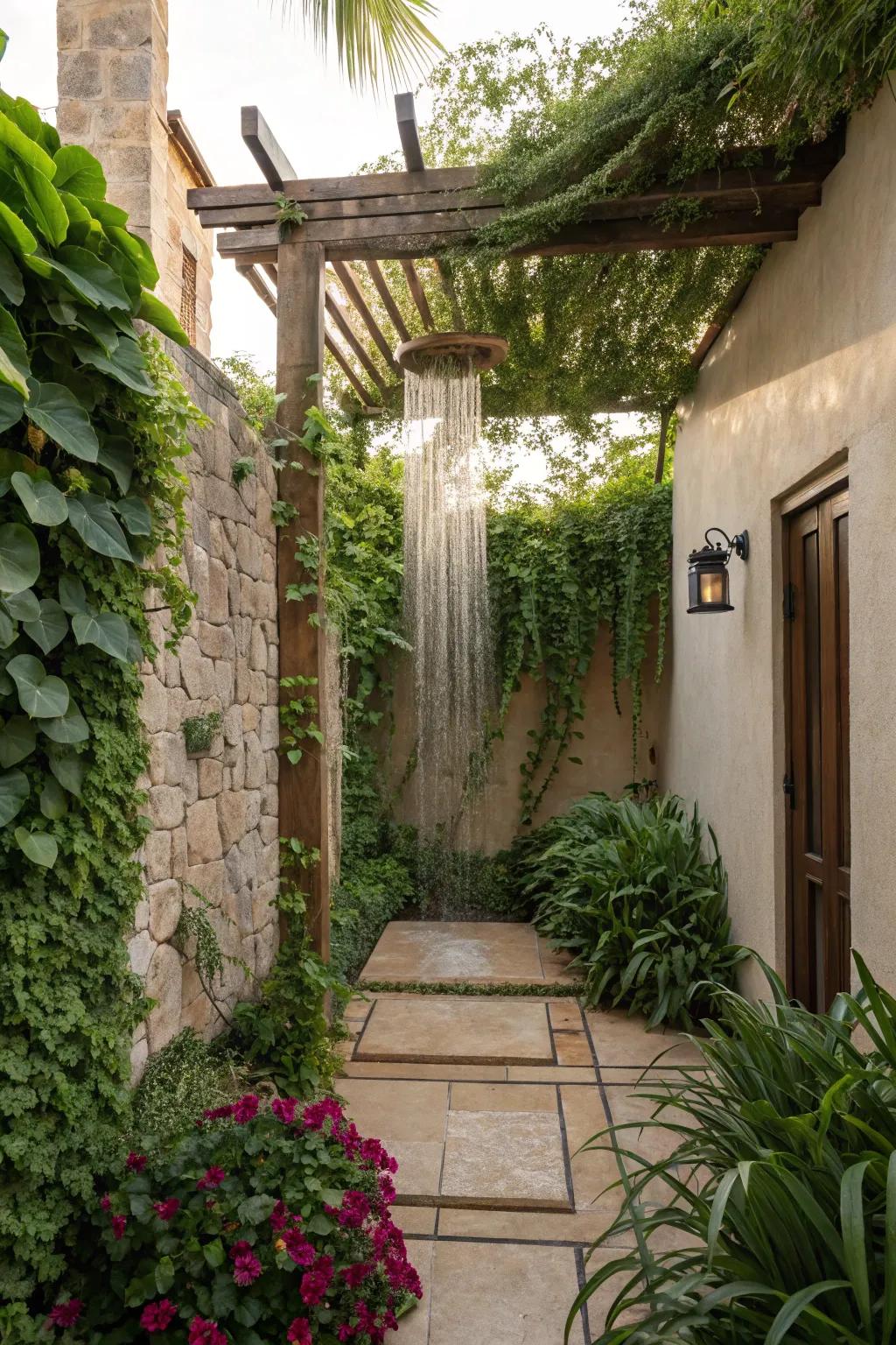 An outdoor shower elegantly framed by a wooden pergola.