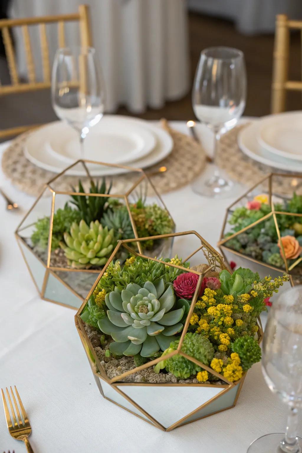 A modern geometric centerpiece with succulents.