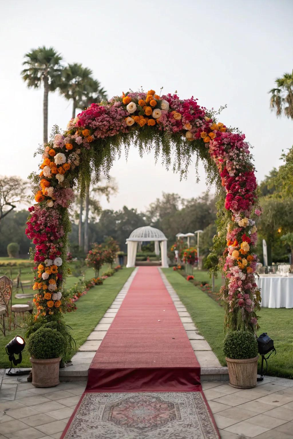 A floral arch creating a stunning entrance for a pasni ceremony.