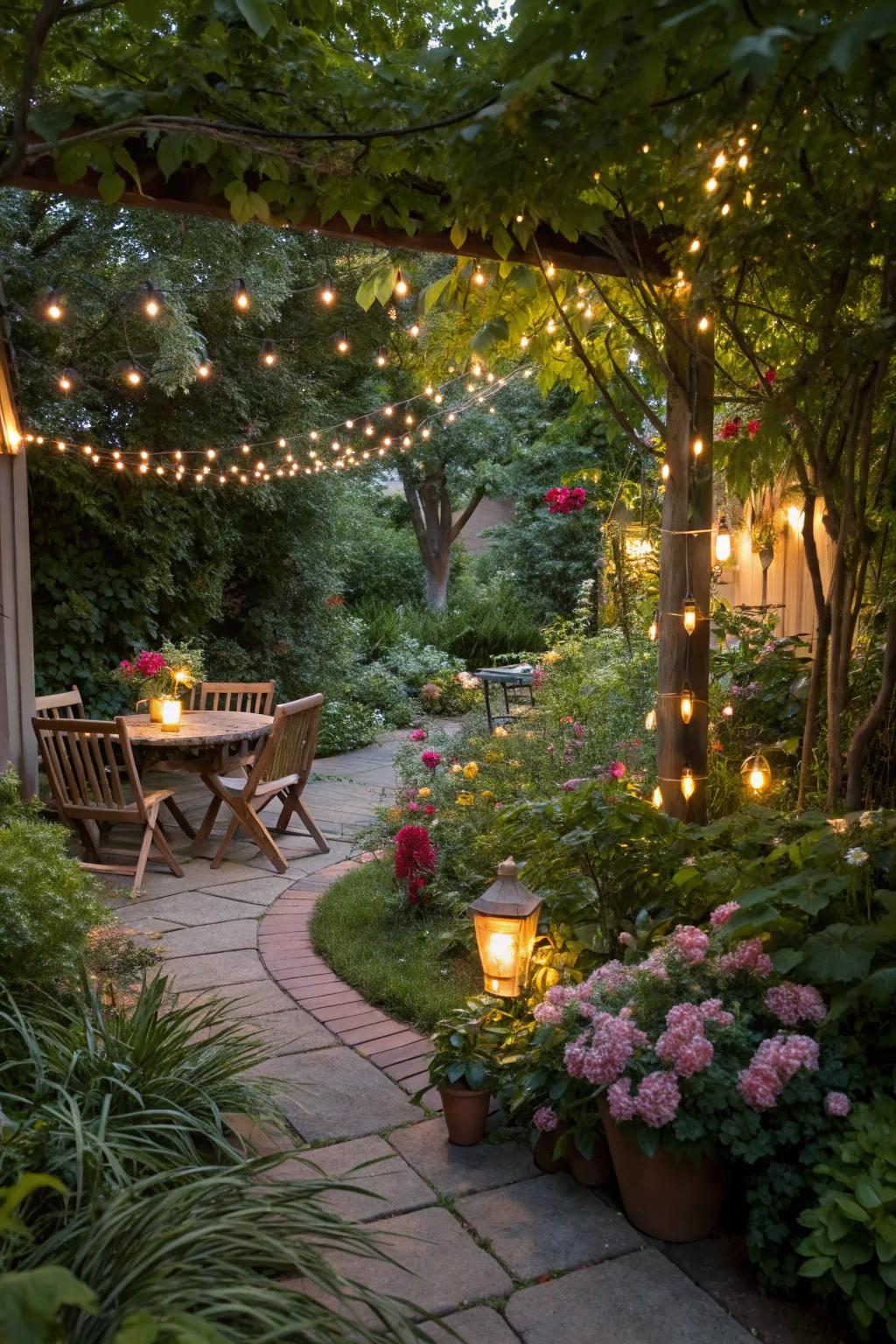 Twinkle lights create a magical secret garden effect in your patio space.