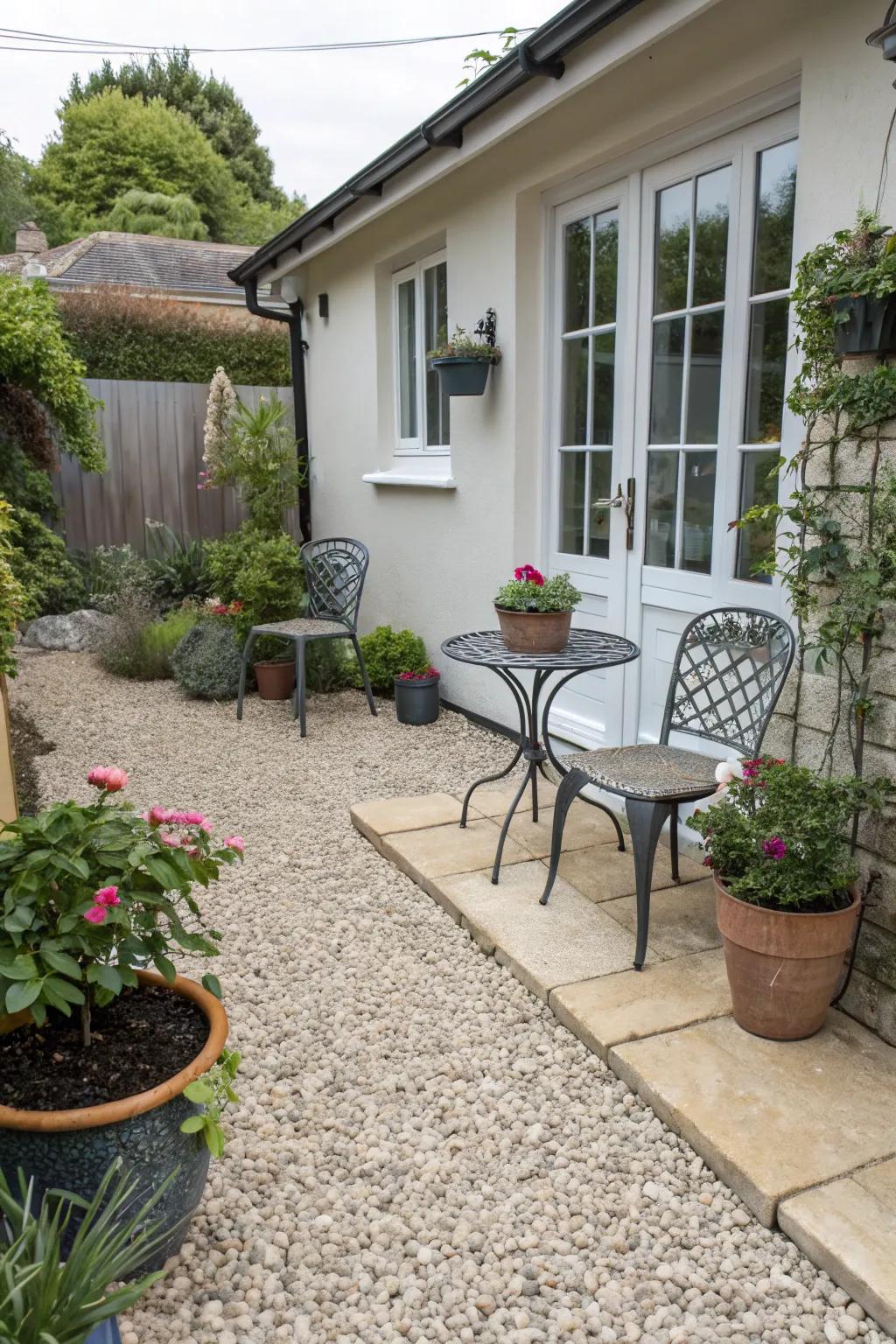 Make the most of your side yard with a pea gravel patio.