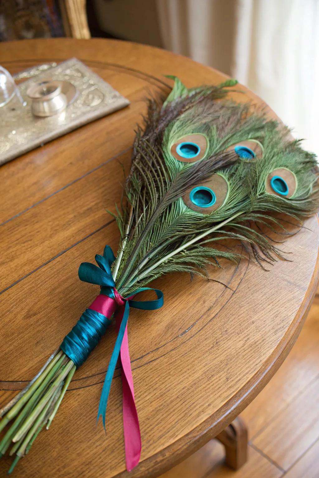 A charming centerpiece with ribbon-tied peacock feathers.