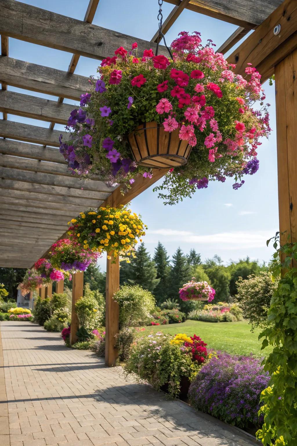 Hanging planters provide a floating garden effect under the pergola.