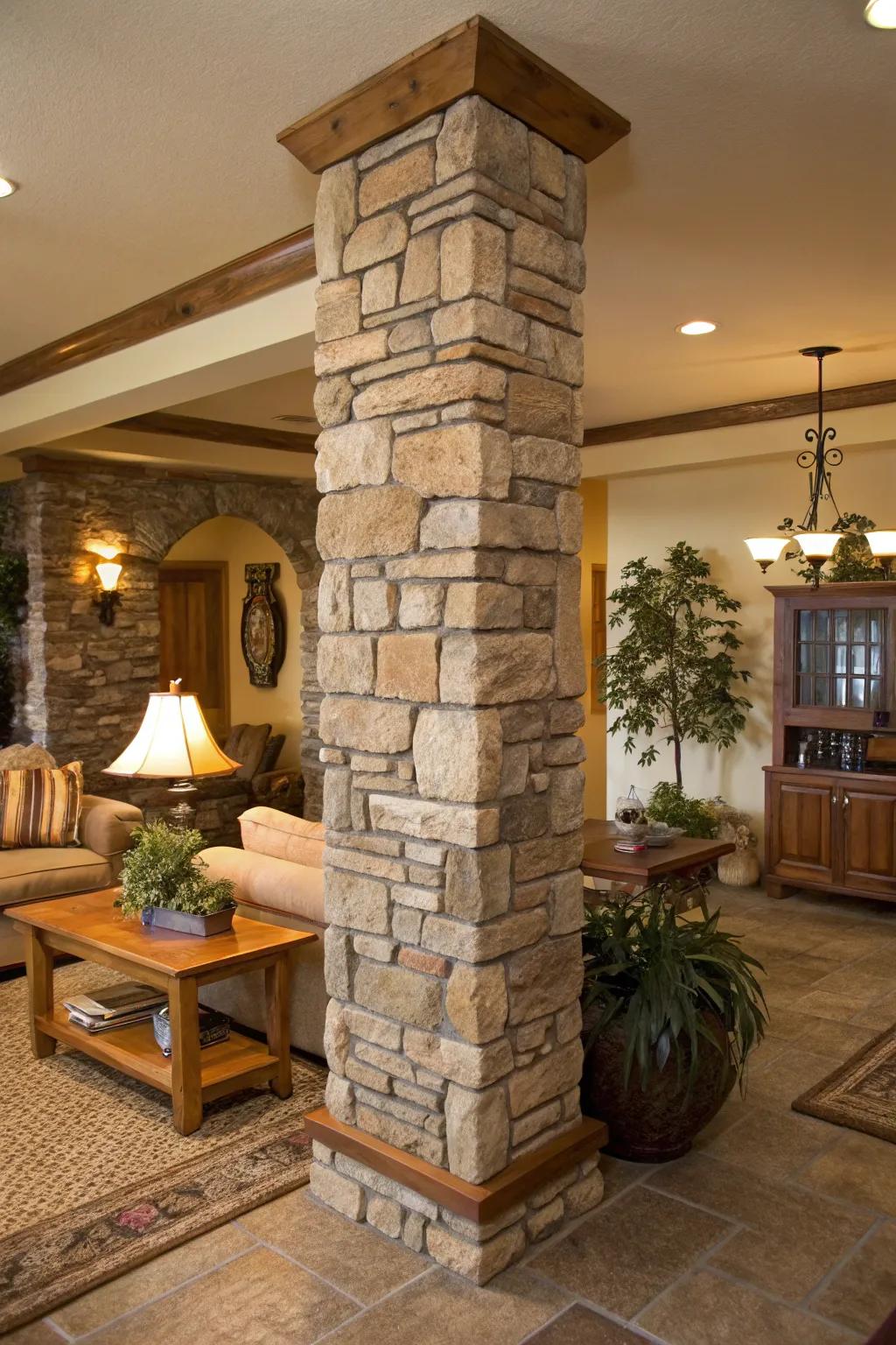 Stone cladding brings timeless rustic charm to pillars.