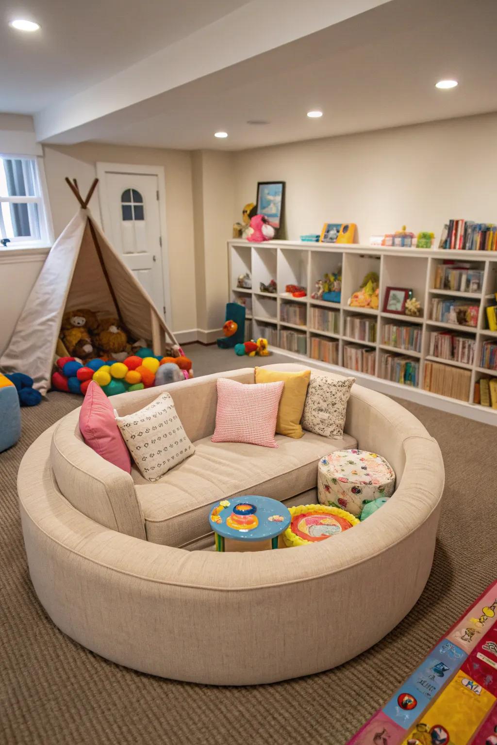 A safe playroom with a round edged couch.