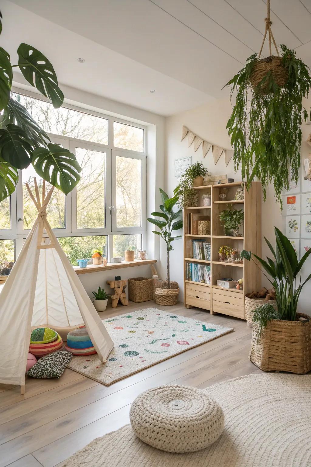 A tranquil playroom with nature-inspired elements.