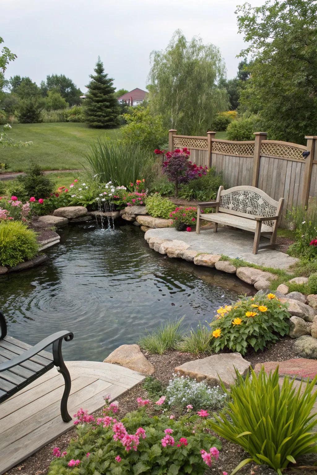 A relaxing seating area by a backyard pond.