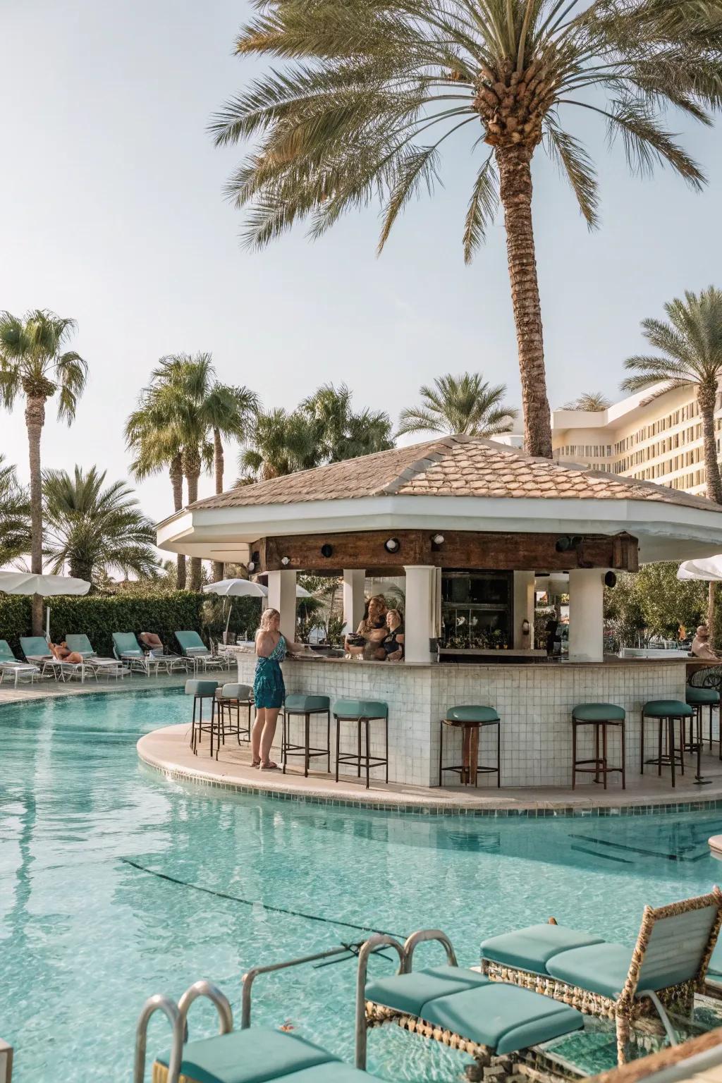 A pool featuring a convenient swim-up bar.