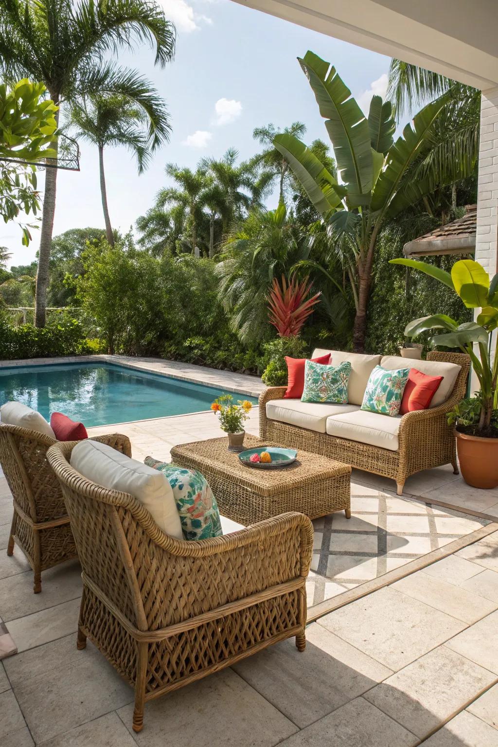 Embrace a tropical aesthetic with charming woven furniture.