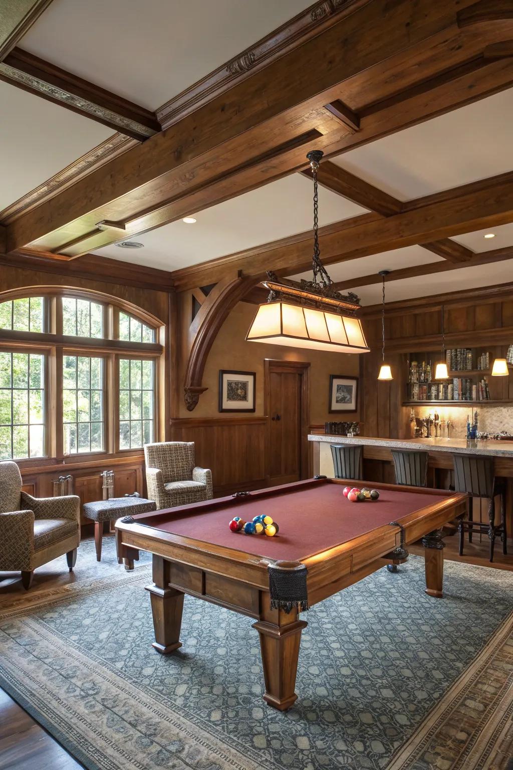 Wood details can infuse your pool table room with timeless elegance.