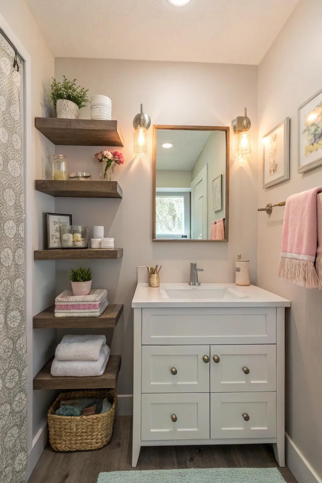 A powder room with compact furniture and efficient use of space.