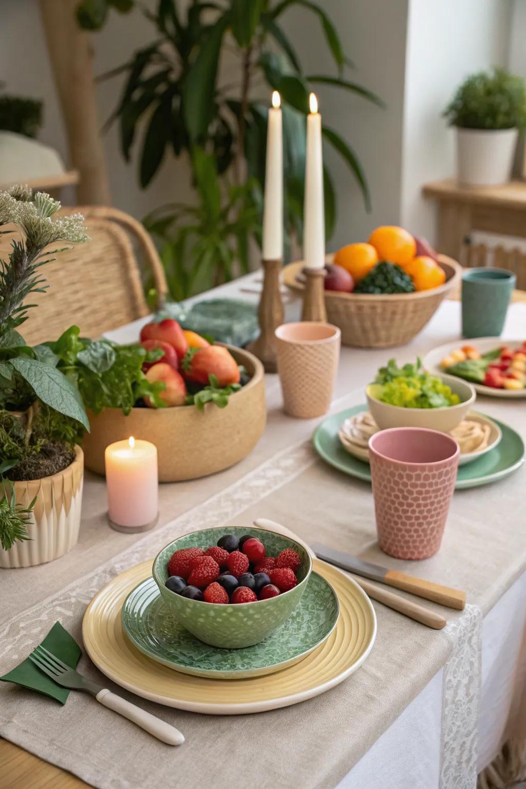 A dining table with organic dishes and eco-friendly decor, highlighting reusable tableware.