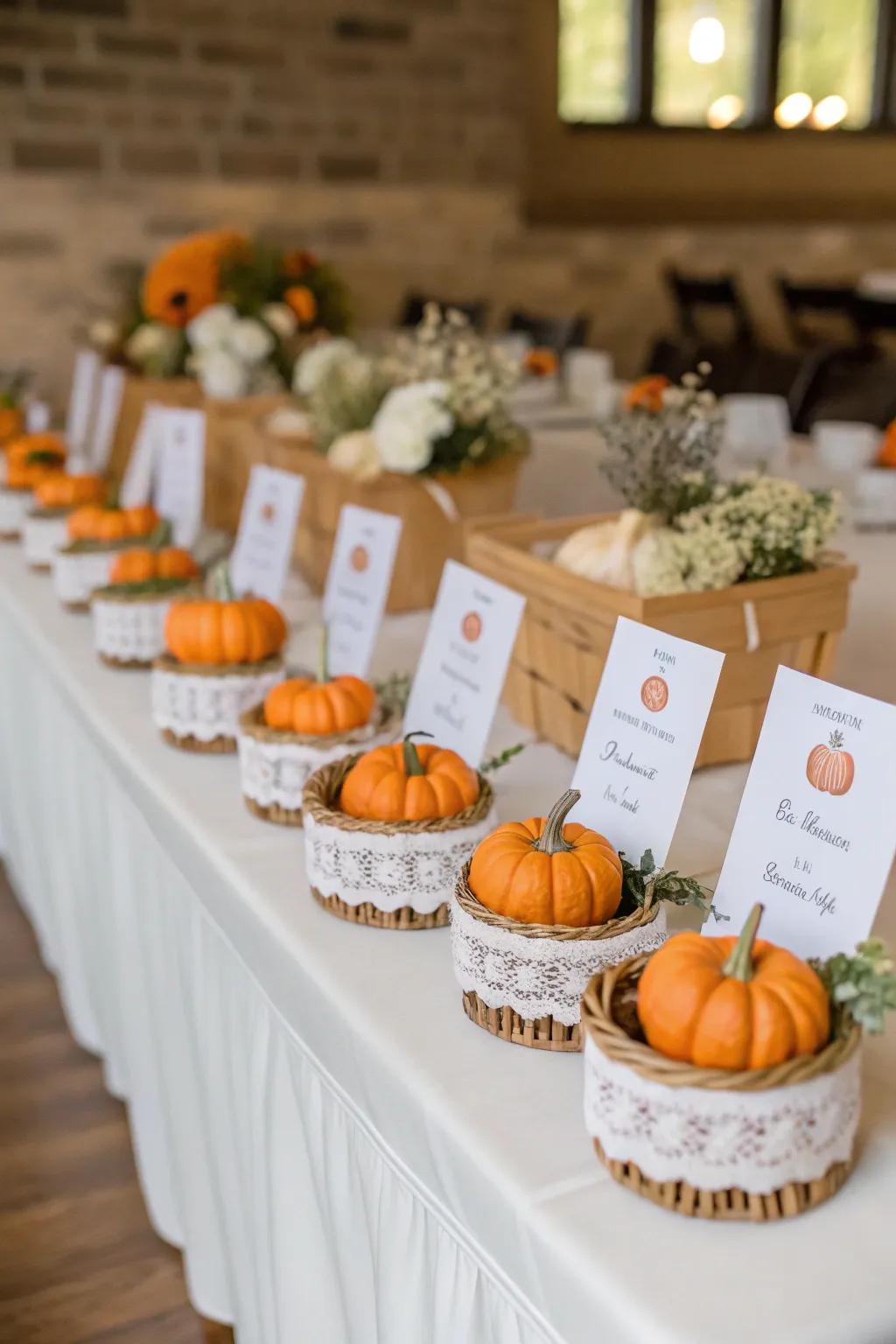 Mini pumpkins creatively used as escort cards for guests.