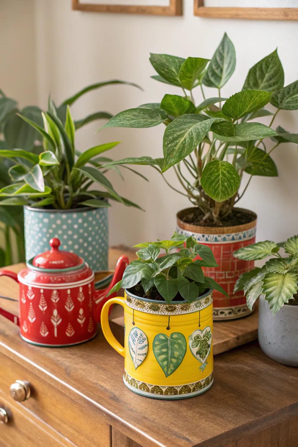 Houseplants in quirky containers like teapots.